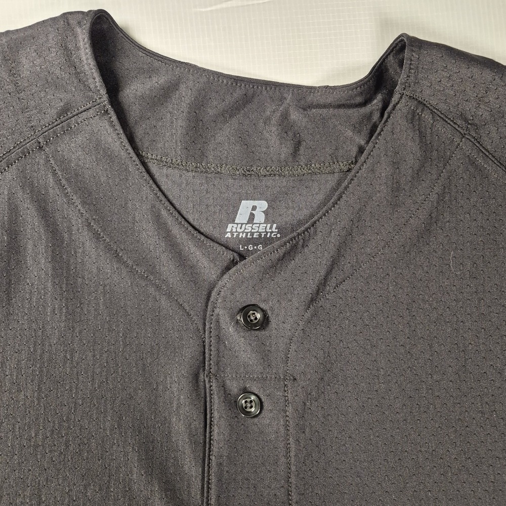Russell Athletic Button Front BLK Shirt Short Sleeve Embroidered Logo Men's L